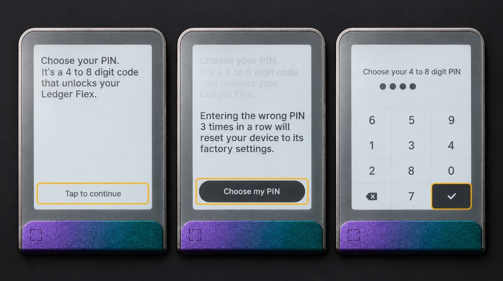 Creating a PIN on Ledger Flex with the explanation, three-attempt warning and keypad