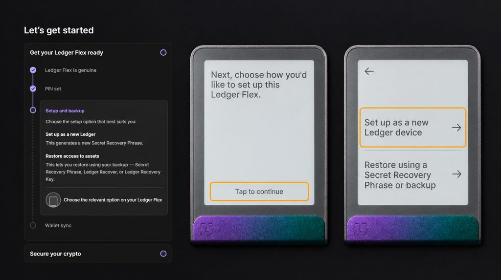 Selecting Set up as a new Ledger device on Flex to create a new wallet