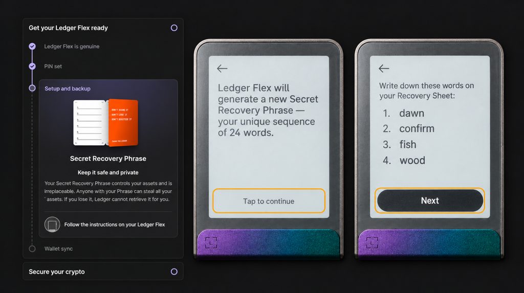 Ledger Wallet guidance and the first group of test recovery phrase words on Flex