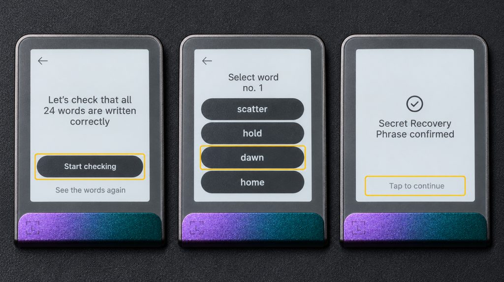 Verifying 24 words on Flex with Start checking, word selection and phrase confirmation