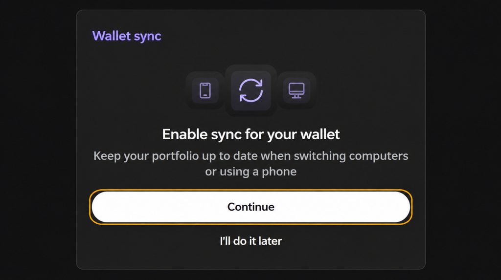 Wallet Sync offer in Ledger Wallet with Continue and I’ll do it later options