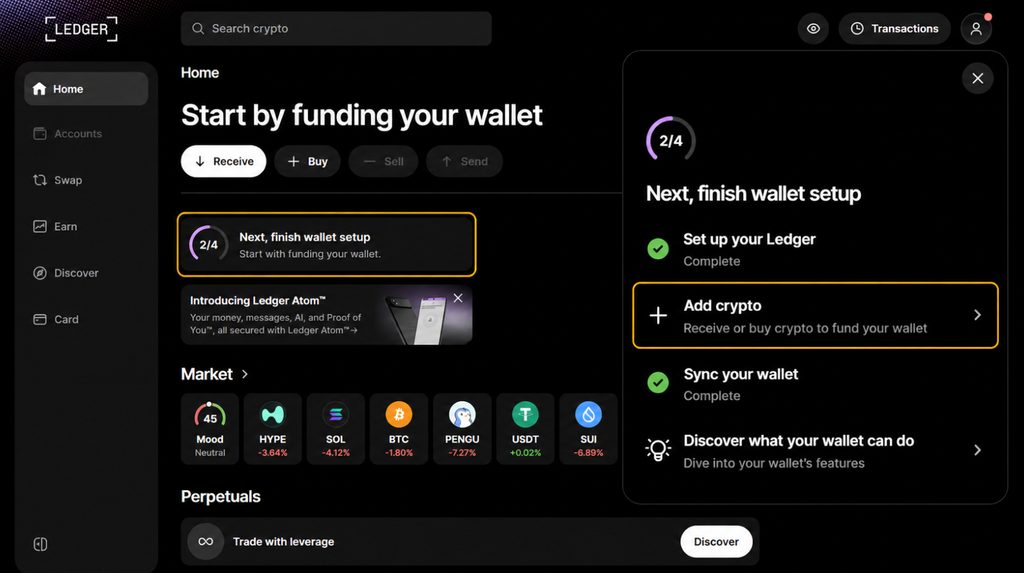 Ledger Wallet home screen and Add crypto in the setup checklist