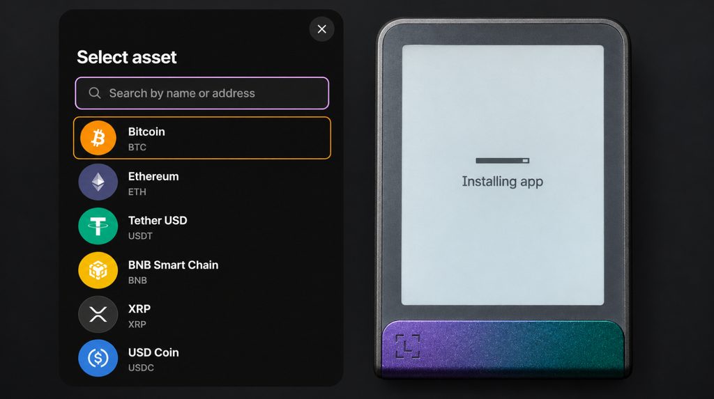 Selecting Bitcoin in Ledger Wallet and Installing app on Ledger Flex