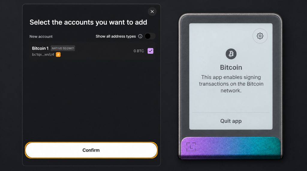Adding Bitcoin 1 Native SegWit with Confirm and the Bitcoin app open on Flex