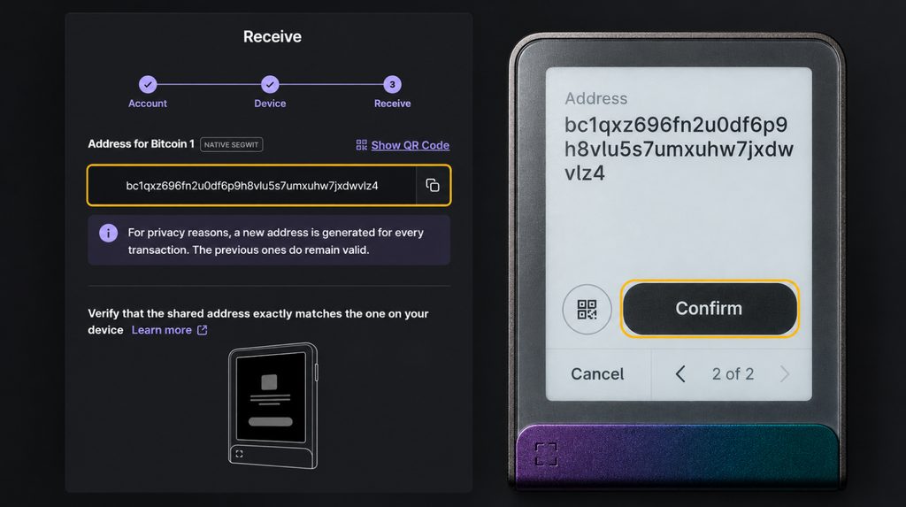 Comparing a Bitcoin receiving address in Ledger Wallet and on Flex with Confirm