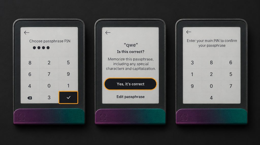 Creating a second PIN, reviewing a test passphrase and the main PIN prompt on Flex