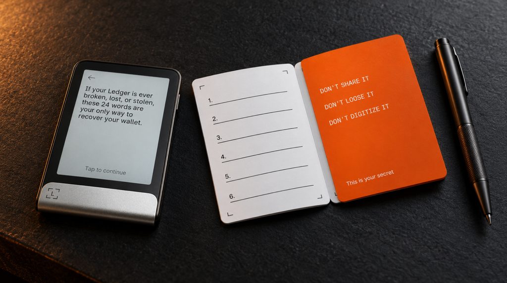 Ledger Flex і Recovery Sheet для запису Secret Recovery Phrase