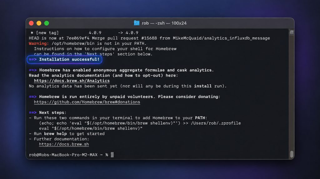 Успішне встановлення Homebrew у терміналі macOS
