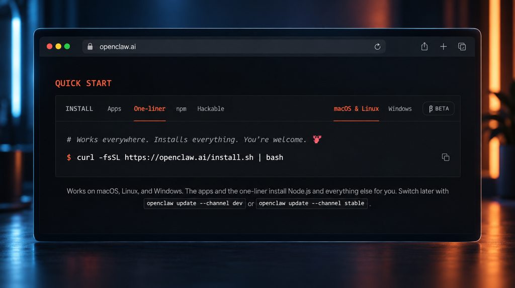 Офіційний сайт OpenClaw з командою встановлення для macOS