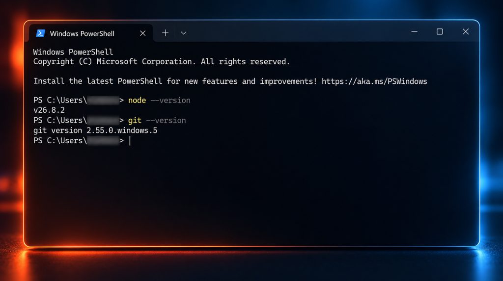 Перевірка Node.js і Git у PowerShell Windows