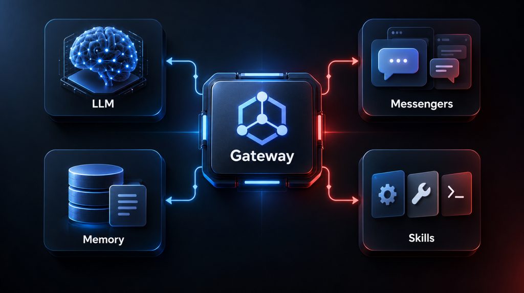 Схема архітектури OpenClaw: Gateway, AI-модель, месенджери, Skills і пам’ять