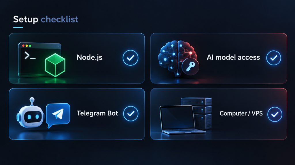 Що потрібно для встановлення OpenClaw: Node.js, AI-модель, Telegram і комп’ютер або VPS