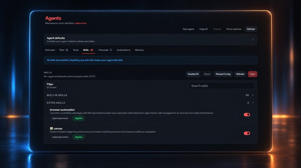 Вкладка Skills у Settings → Agents в Control UI OpenClaw