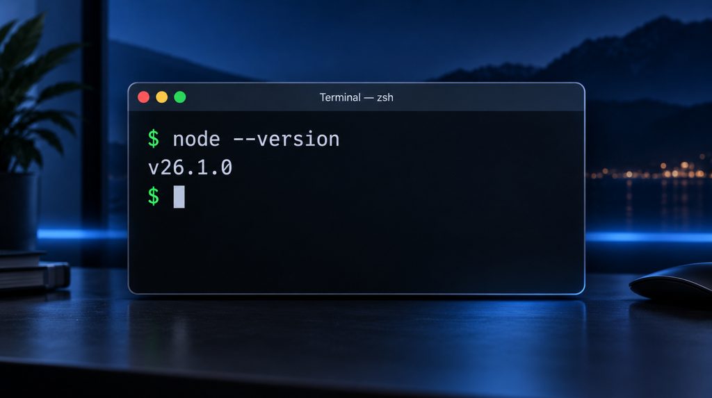 Перевірка версії Node.js 26 у терміналі