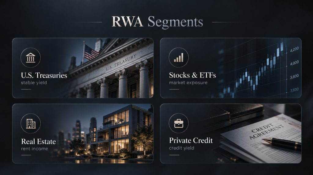 Основные сегменты RWA: облигации, акции, недвижимость и частный кредит