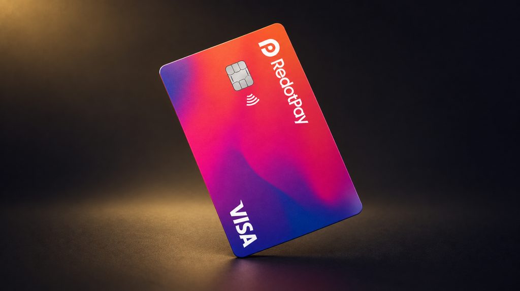Кольорова картка RedotPay Visa на темному фоні