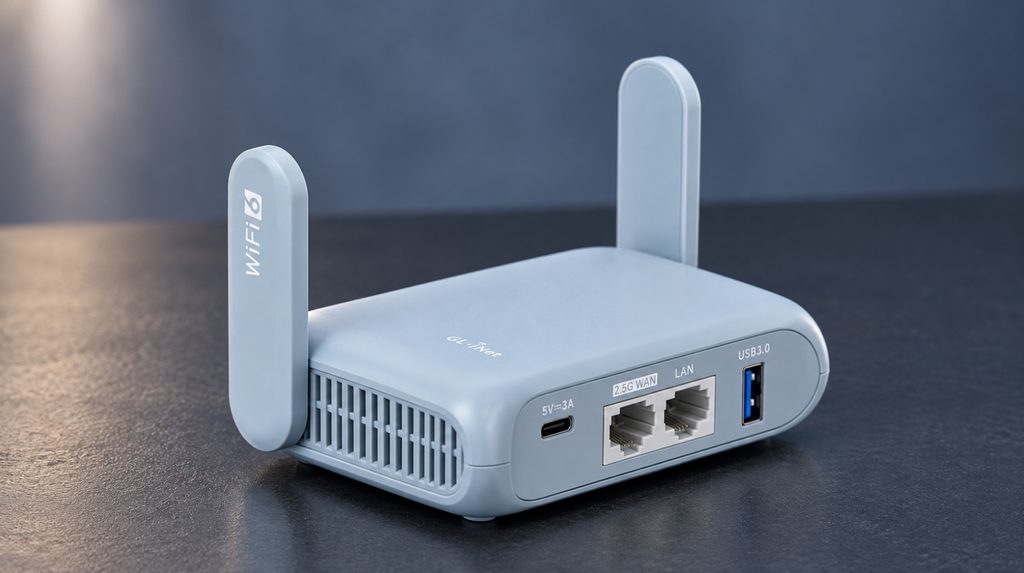 Задня панель GL.iNet Beryl AX з портами живлення USB-C, WAN 2,5 Гбіт/с, LAN і USB 3.0