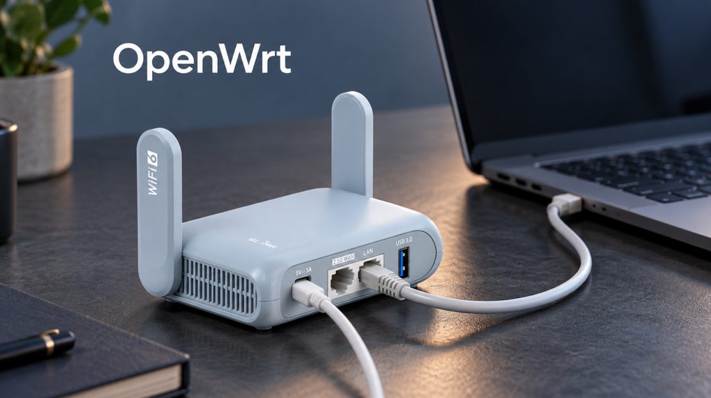 Beryl AX, підключений до ноутбука кабелем Ethernet для встановлення OpenWrt