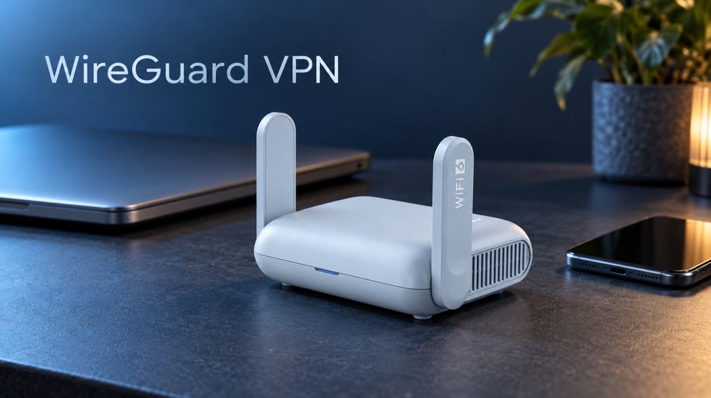 Роутер Beryl AX поруч із ноутбуком і смартфоном, ілюстрація налаштування WireGuard VPN