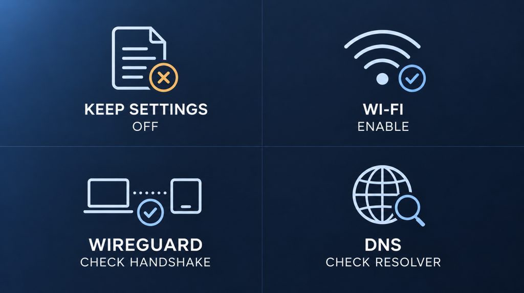 Перевірки під час налаштування Beryl AX: вимкнути Keep Settings, увімкнути Wi-Fi, перевірити handshake WireGuard і роботу DNS