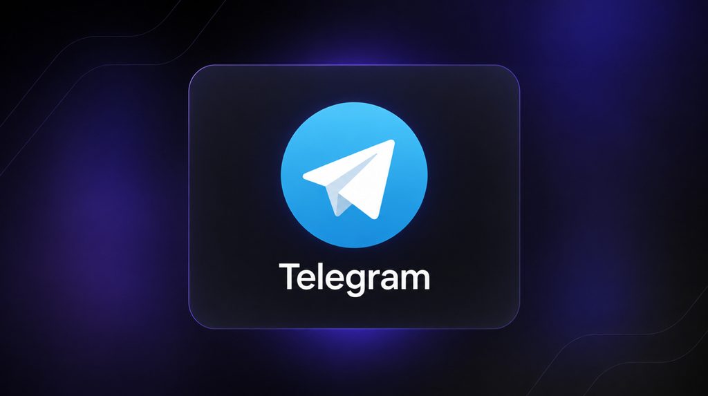 Логотип Telegram на темній картці з фіолетовою підсвіткою