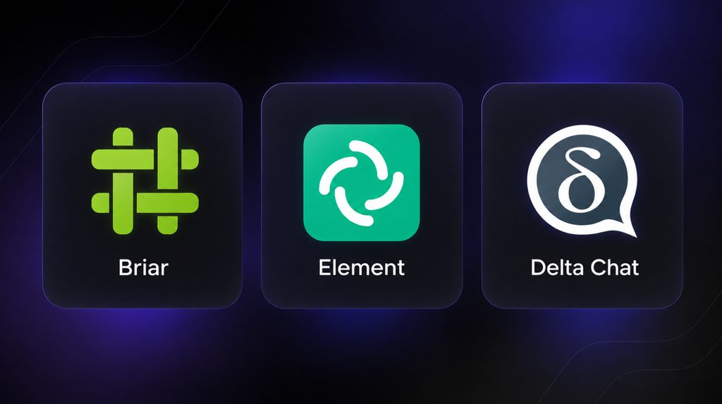 Логотипи Briar, Element і Delta Chat на трьох картках поруч