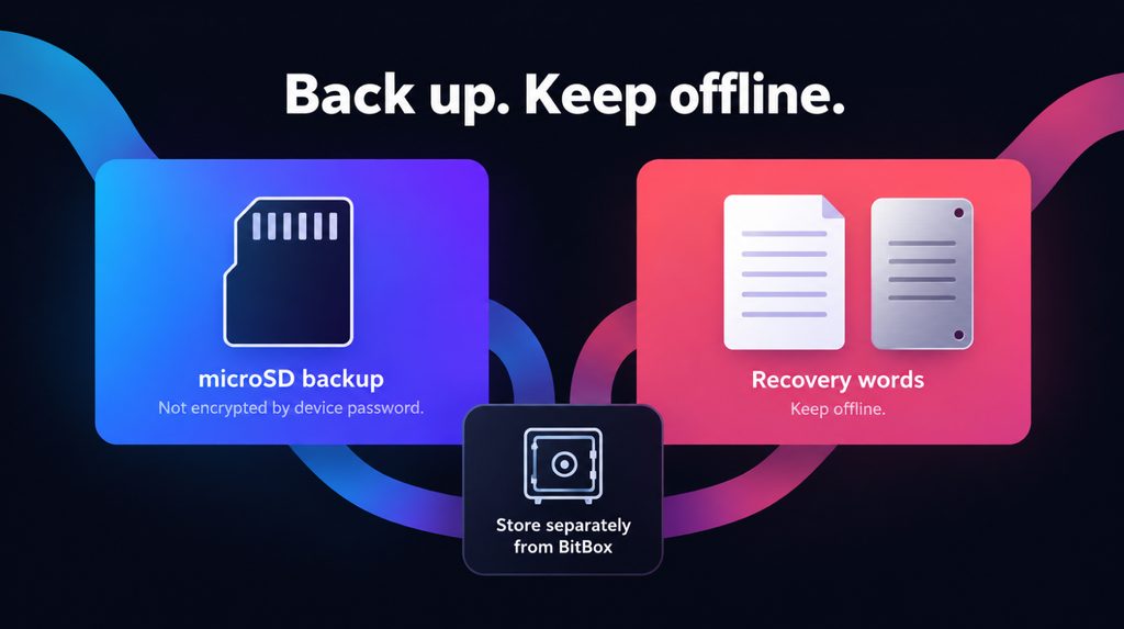 BitBox microSD backup and recovery words kept offline and separate from the device