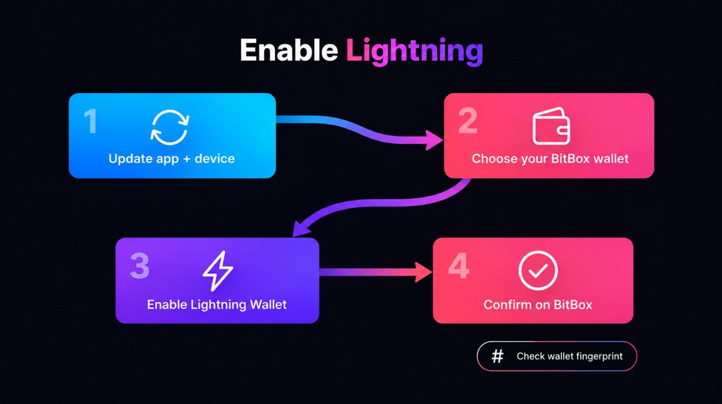 BitBoxApp Lightning setup: update, choose a wallet, enable Lightning and confirm on BitBox
