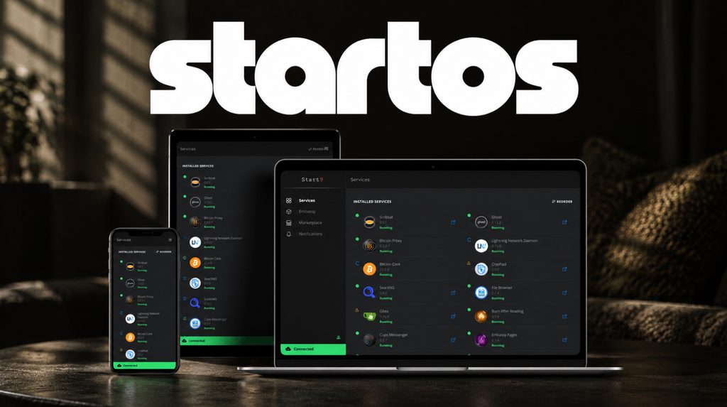 Ілюстрація вебінтерфейсу StartOS на ноутбуці, планшеті та смартфоні