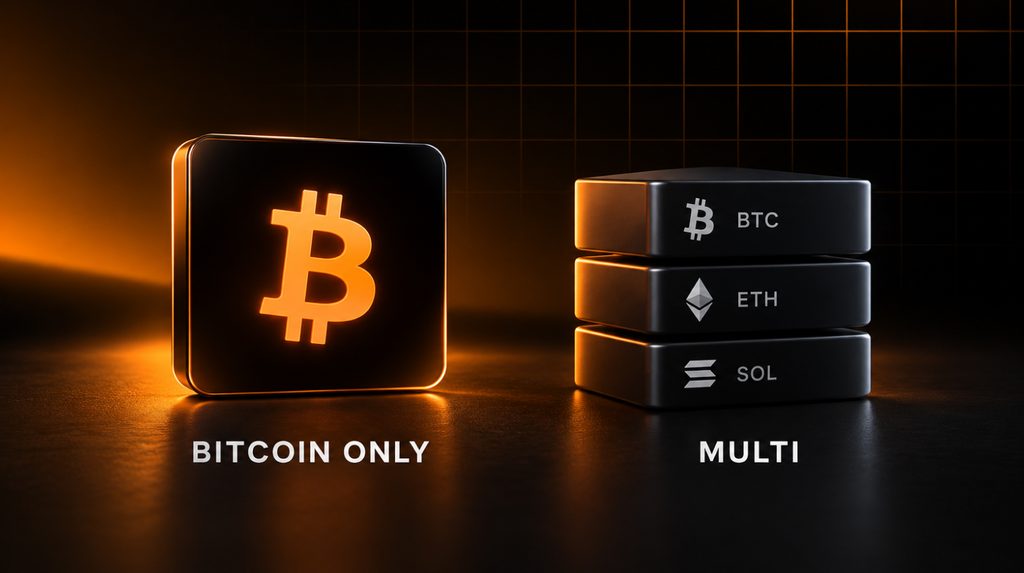Ілюстрація Bitcoin-only та мультивалютного підходів із символами BTC, ETH і SOL