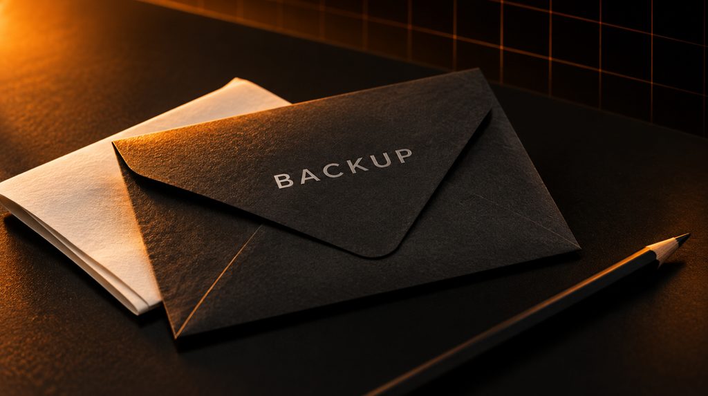 Конверт із написом Backup, аркуші паперу й олівець для резервної копії