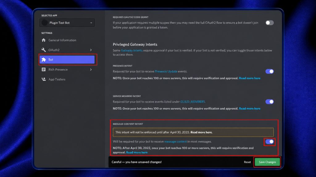 Message Content Intent і кнопка Save Changes у попередньому інтерфейсі Discord Developer Portal