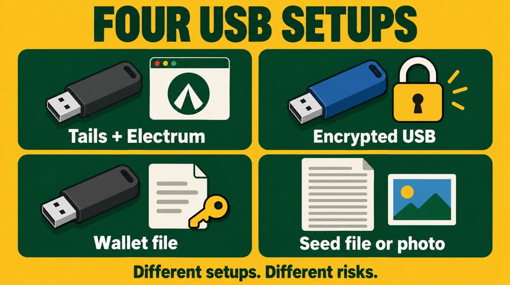 USB drive wallet setups: Tails with Electrum, an encrypted drive, a wallet file and a digital seed phrase copy