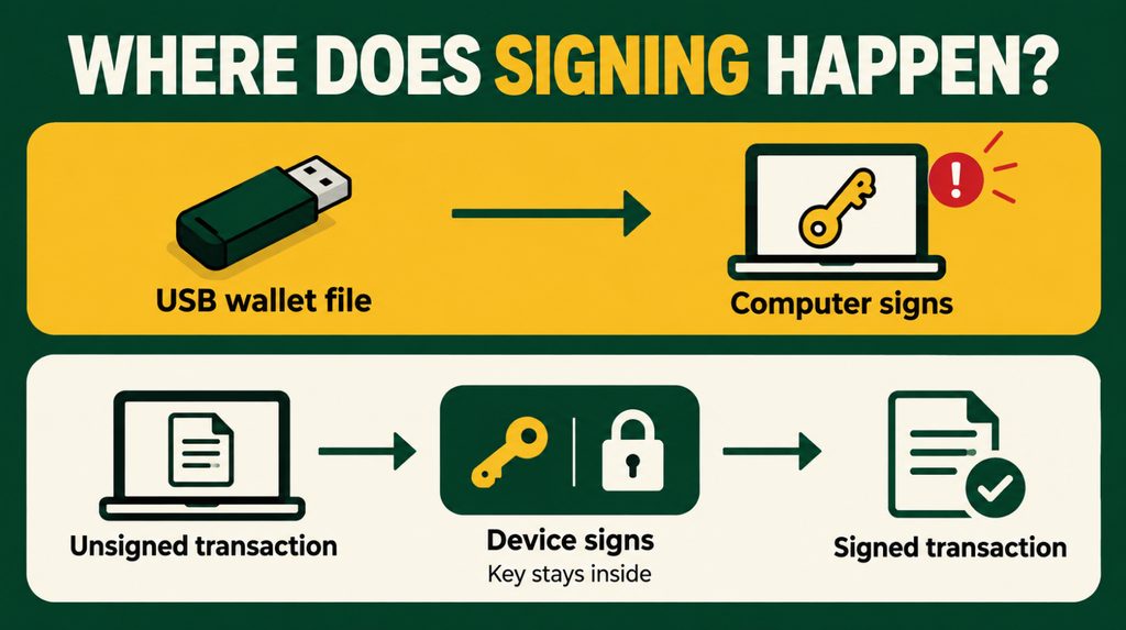 Transaction signing on a computer and inside a hardware wallet: where the private key is used