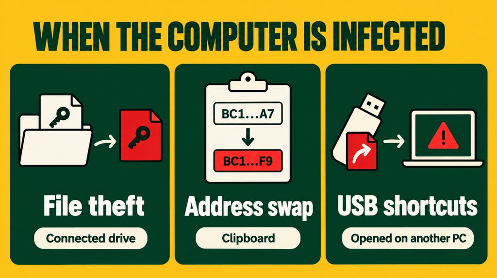 Malware stealing wallet files, replacing clipboard addresses and spreading through shortcuts on USB drives
