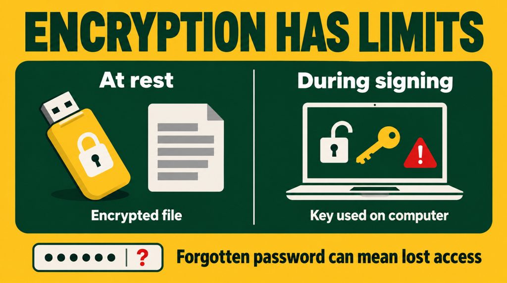 An encrypted wallet file on a USB drive and the risk of key theft during signing on a computer