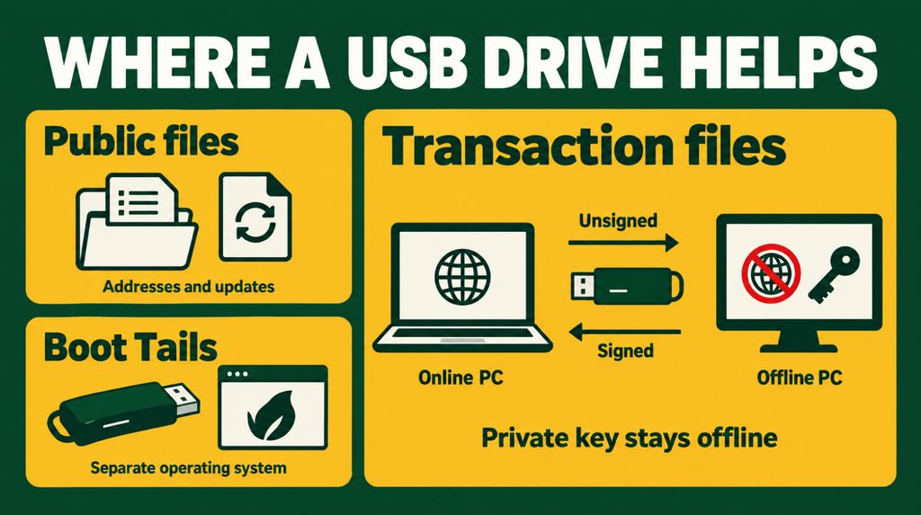 Using a USB drive for public files, booting Tails and transferring transactions to an offline computer