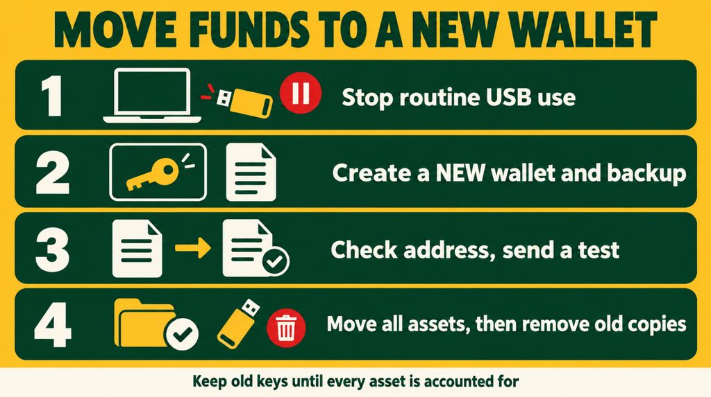 Moving funds to a new wallet: a new seed phrase, address verification, a test transfer and removal of old copies