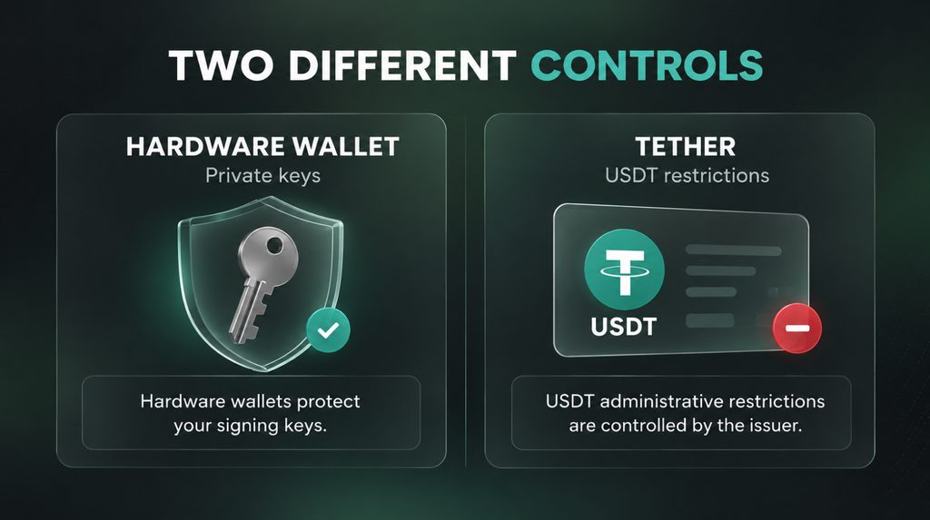 Апаратний гаманець захищає приватні ключі, а Tether керує обмеженнями USDT
