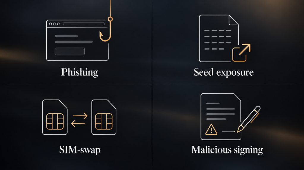 Ризики, які GrapheneOS не усуває: фішинг, витік seed-фрази, SIM-swap і шкідливі підписи