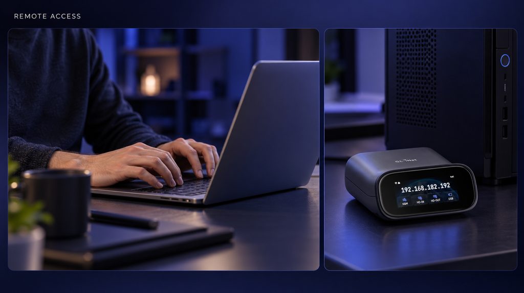 KVM over IP remote access: a laptop user and Comet Pro beside the computer being controlled