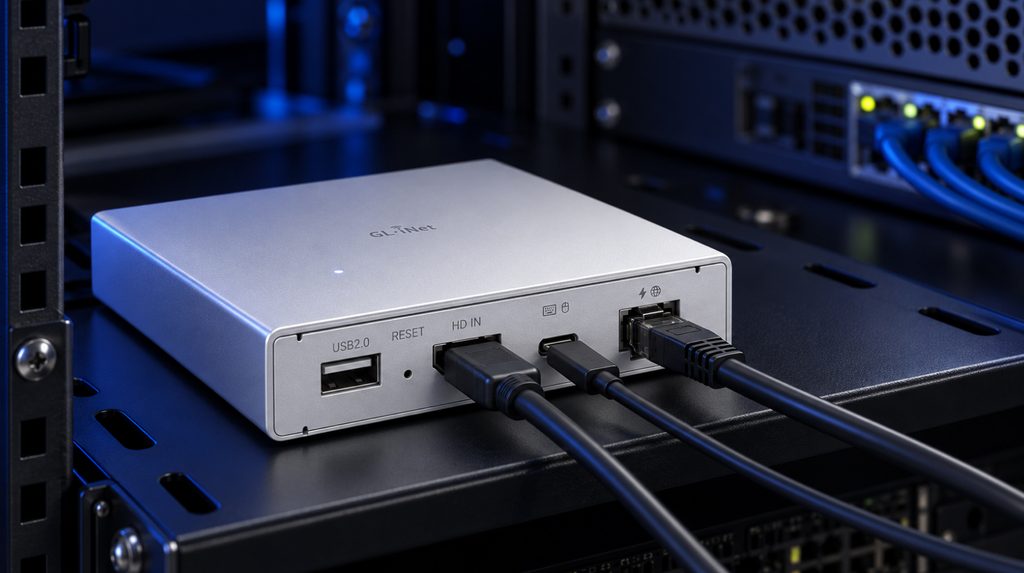 GL.iNet Comet PoE in a server rack with HDMI, USB-C, and Ethernet cables connected