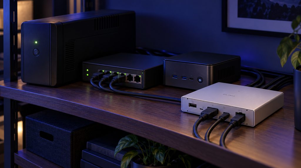 UPS, network switch, mini PC, and Comet PoE in a setup with backup power