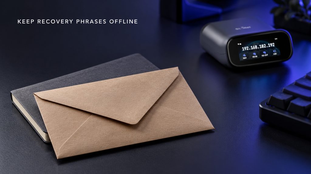 A closed envelope and notebook beside Comet Pro as a reminder to keep seed phrases offline