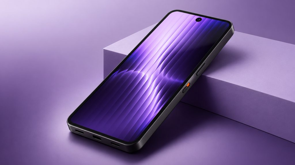 Ledger Atom на фиолетовой подставке: вид спереди и сбоку