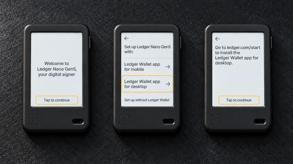 Ledger Nano Gen5 welcome screens and desktop setup selection