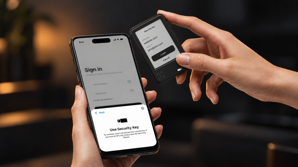 Запит входу через Ledger Security Key на Gen5 поруч зі смартфоном