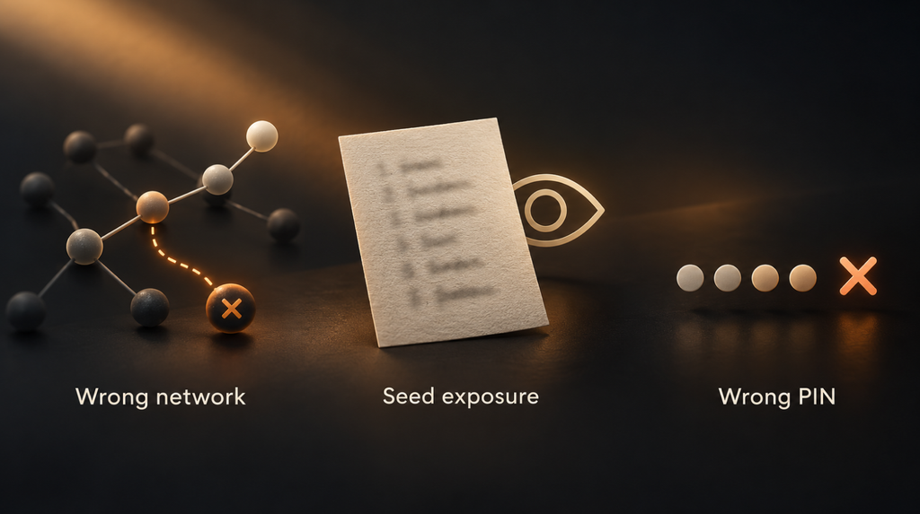 Типові помилки: неправильна мережа, розкриття seed-фрази та помилка PIN-коду