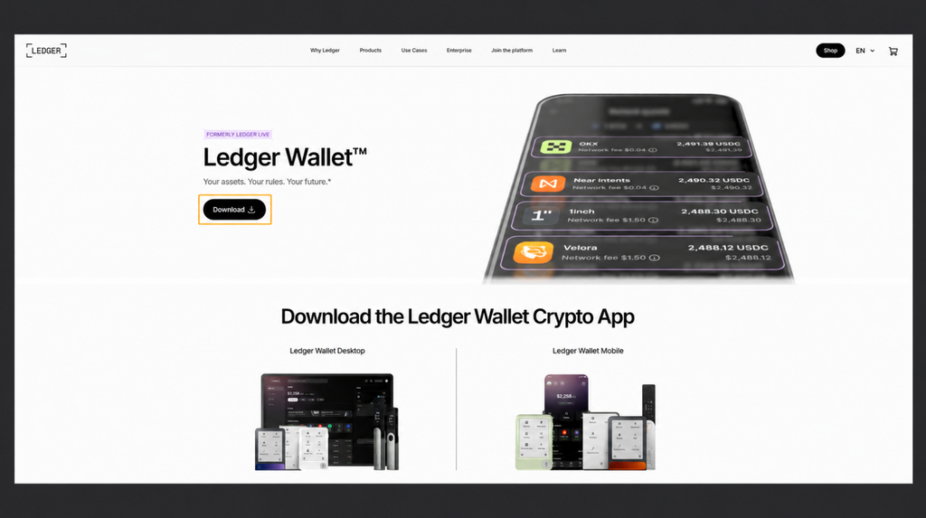 Official Ledger Wallet download page with the Download button highlighted