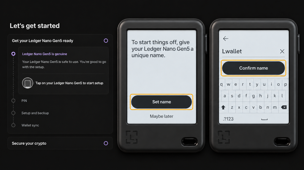 Entering the name Lwallet on Nano Gen5 and selecting Confirm name